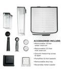 Compact Slim Green Milk Frother Coffee Maker For Your Daily Setup accessories including water reservoir, milk reservoir, and measuring scoop.