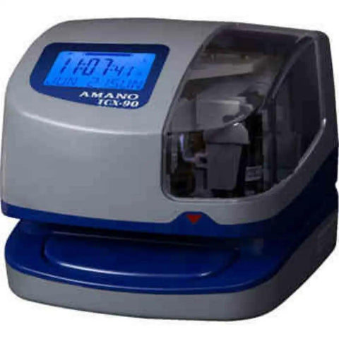 Straight Up Foolproof Electronic Time Recorder With Automatic Time And Date Stamp For Office Staff Attendance Ready To Roll Built Tough No Nonsense Workforce Tracking Essential, front view, blue and gray design.