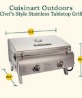 Chef's Style Tabletop Portable Propane Grill With 20,000 BTU Stainless Steel Two-Burner Outdoor Gas Grill For Camping, Tailgating, And BBQ, Hassle-Free Setup With Twist-Start Ignition CGG-306, dimensions shown with height, width, depth measurements.