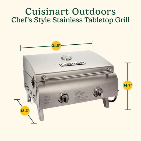 Chef's Style Tabletop Portable Propane Grill With 20,000 BTU Stainless Steel Two-Burner Outdoor Gas Grill For Camping, Tailgating, And BBQ, Hassle-Free Setup With Twist-Start Ignition CGG-306, dimensions shown with height, width, depth measurements.
