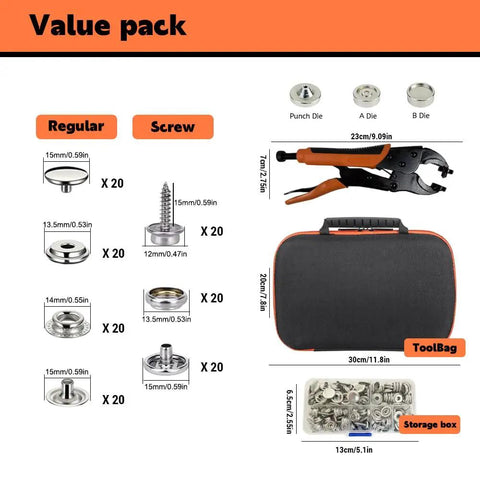 Heavy Duty Snap Fastener Tool Kit Pro Grade With 40 Sets Of 15mm Snaps For Boat Covers Canvas Tarps And Sewing Repairs Includes Magnetic Punch Cover Plate Fabric Base And 3 Replaceable Grinding Tools For Fast Durable Installations shown with dies and storage case.