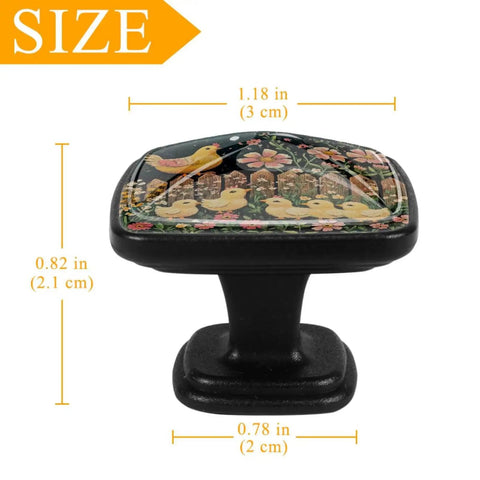 Four Pack Square Cabinet Knobs Set Black Glass And ABS Handles For Kitchen Cabinets, dresser and drawer with bird design