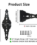 Heavy Duty Eight Inch Fence Gate Hinges With Matte Black Steel Finish For Outdoor Wood Fences And Sheds image showing dimensions and screws.