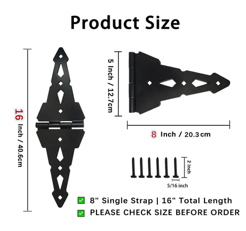 Heavy Duty Eight Inch Fence Gate Hinges With Matte Black Steel Finish For Outdoor Wood Fences And Sheds image showing dimensions and screws.