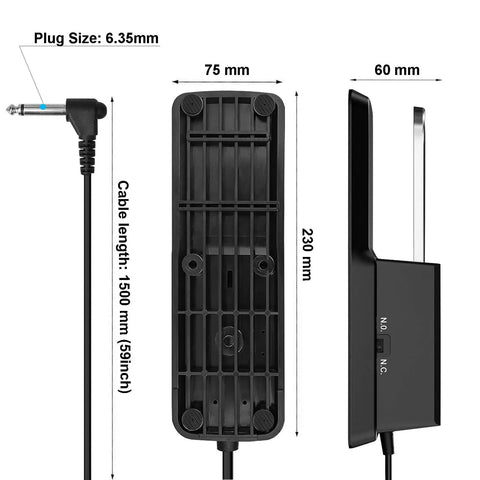 Dimensions of Sustain Pedal For Digital Pianos And Keyboards With Polarity Switch, Built To Last ABS Housing And Chrome Pedals, Black