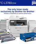 Brother MFC L3780CDW color all-in-one printer bundle with toner cartridges and stacks of paper for office use.
