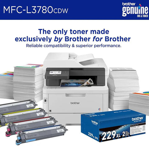 Brother MFC L3780CDW color all-in-one printer bundle with toner cartridges and stacks of paper for office use.