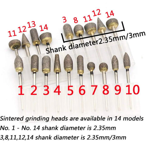 Heavy Duty 3mm Diamond Burr Grinding Head For Rotary Carving And Jade Peeling With Sintered Abrasive Tip showing assorted sizes.