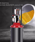 No Sweat Heavy Duty Grease Pump With 75 To 1 Pressure Ratio And 5 Gallon Wheeled Tank, featuring a sturdy design for fast lubricant application.