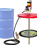 Shop Grade Air Operated Grease Pump For 55 Gallon Drums with red follower plate and black hose attached.