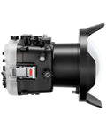 Side view of Underwater Housing For Sony FX3 FX30 With WA005A Dome Port Kit 40m Waterproof Scuba Case, aluminum build, full control access.