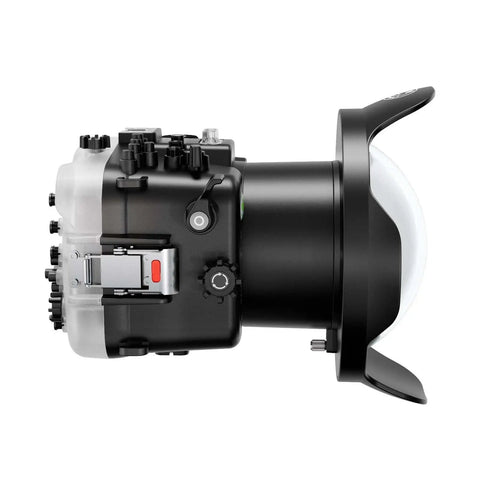 Side view of Underwater Housing For Sony FX3 And FX30 With WA005F 6 Inch Dome Port Kit 130ft Waterproof Case, control buttons visible.