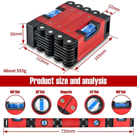 28 Inch Heavy Duty Folding Layout Level With Four Precision Bubble Vials Rock Solid Aluminum Frame Built Tough For Job Site Framing Multi Angle Hinge Snaps Flat For Dead Easy Storage And Quick Square Checks
