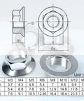 Heavy Duty M12 X 1.5 Hex Flange Nuts Crafted From Top Shelf 304 Stainless Steel For Hella Rust Resistance And Badass Grip Strength Perfect For Trucks And Hot Rods With Ten Pieces featuring detailed measurements and design.