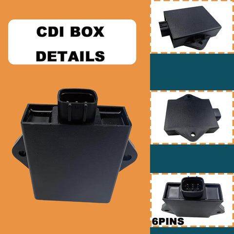 Front and side views of a CDI box component from the All In One Ignition Coil CDI Box Kit With Starter Solenoid Relay Rectifier Fuel Filter And Spark Plug For Arctic Cat 250 And 300 2x4 4x4 ATV 1998 Through 2005 Replacement