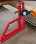 Pro Grade Height Gauge For Woodworking, Ultra Durable Depth Measuring Tool With Aluminum Alloy Table Saw Depth Ruler, Double Scale, CNC Machined, Anodized, Laser Engraved Readout For Table Saw Router And Drill Press, shown next to a circular saw blade.