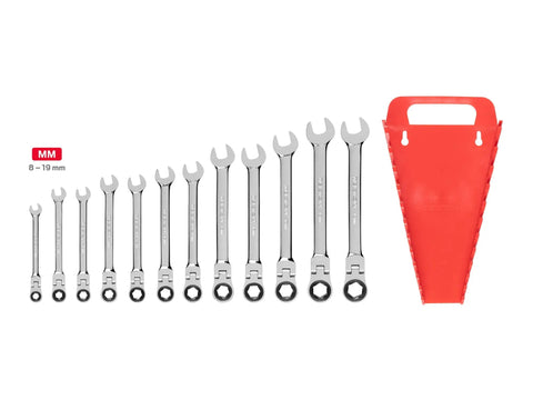 Flex Head Ratcheting Wrench Set, 13-Piece, 1/4 To 1 Inch With Holder, 6-Point Box End Grips displayed with red holder