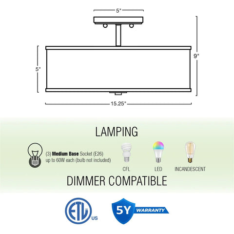 Diagram of 15 Inch Modern Gold Semi Flush Mount Ceiling Light With White Fabric Drum Shade, showing dimensions and lamp type compatibility.