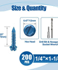 Image showing 200 Pack 1/4 Inch By 1-1/4 Inch Slotted Hex Washer Head Concrete Screws With Drill Bit And Wrench For Masonry Block Brick Anchoring Blue Heavy Duty Pro Grade Hardware size and components.