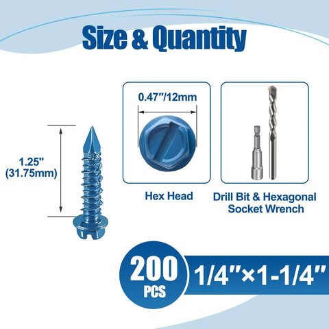 Image showing 200 Pack 1/4 Inch By 1-1/4 Inch Slotted Hex Washer Head Concrete Screws With Drill Bit And Wrench For Masonry Block Brick Anchoring Blue Heavy Duty Pro Grade Hardware size and components.