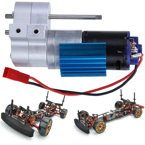 CNC Machined Gearbox Speed Change For RC Cars With 370 Brush Motor For WPL C14 C24 B14 B24 B16 B36, shown with chassis