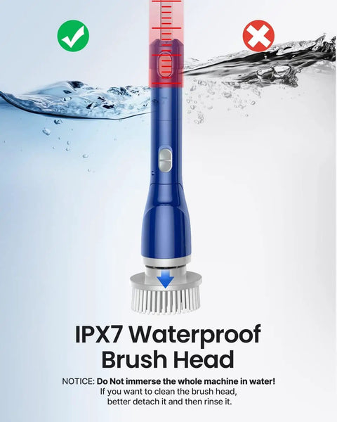 IPX7 waterproof brush head of Electric Spin Scrubber With Long Handle Cordless Power Brush With 4 Detachable Heads for Bathroom Cleaning Tub Shower Tile Toilet Grout Low Noise 435 RPM No Sweat Scrubbing