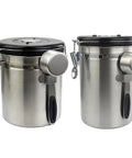 Stainless Steel Airtight Coffee Container Set With Scoop, two jars with black lids, ideal for storing coffee, cereal, flour, and snacks.