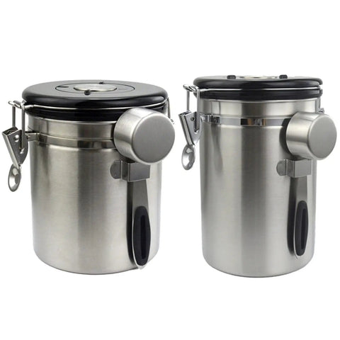 Stainless Steel Airtight Coffee Container Set With Scoop, two jars with black lids, ideal for storing coffee, cereal, flour, and snacks.