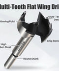 Premium High Carbon Steel Forstner Drill Bit Set For Woodworking, 16 Round Shank Bits Spanning 6 To 54 Mm showing multi-tooth flat wing drill design