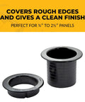 Solid Black Two Point Five Inch Dual Sided Grommets Tailored For Cabinetry And Custom Workspaces Snap Together Quick For A Slick No Sweat Professional Finish showing two grommets for ¾" to 2½" panels.