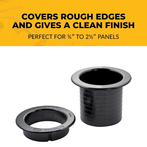 Solid Black Two Point Five Inch Dual Sided Grommets Tailored For Cabinetry And Custom Workspaces Snap Together Quick For A Slick No Sweat Professional Finish showing two grommets for ¾" to 2½" panels.