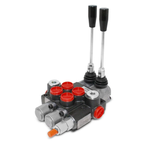 Monoblock hydraulic directional control valve, 2-spool, SAE ports, dual black-lever handles