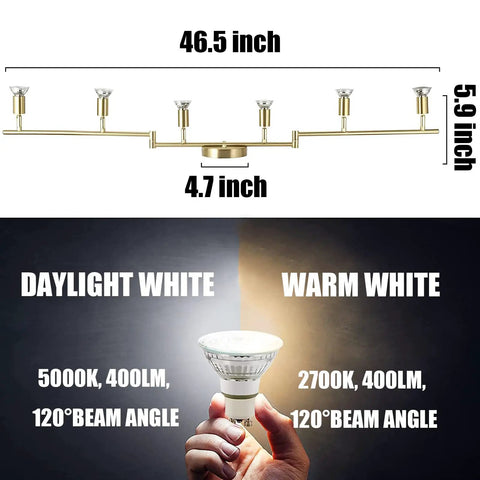 6 Light LED Track Lighting Kit In Gold With Rotatable Heads For A Dope Modern Kitchen Track Fixture That Delivers A Lit Living Room And Hallway Vibe Includes 6 GU10 LED Bulbs, size and bulb color comparison image.