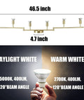 Golden Finish 6 Light LED Track Lighting Kit With Rotatable Heads, showing dimensions and lighting options.