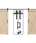 Double Door Sliding Barn Door Hardware Track Kit With Wall Mount And Industrial Spoke Wheel Black Finish, Works Like A Charm, Quiet Smooth Glide, Easy Install, 144 Inch Track For 68 To 70 Inch Openings, No Door Included