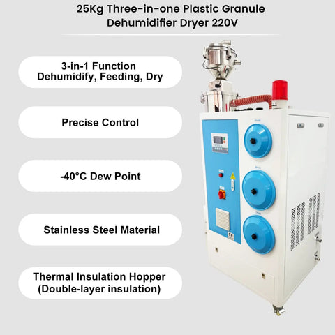 Heavy Duty All In One Plastic Granule Dehumidifier Dryer With 55 Lbs Capacity, control panel and stainless steel parts shown