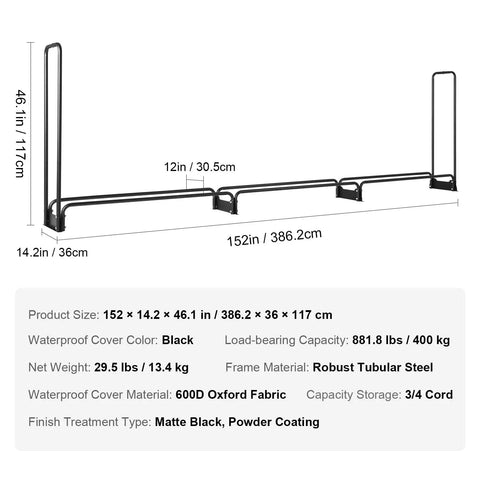 Diagram of Beefy Heavy Duty Outdoor Firewood Rack With Waterproof 600D Oxford Cover showing dimensions and materials