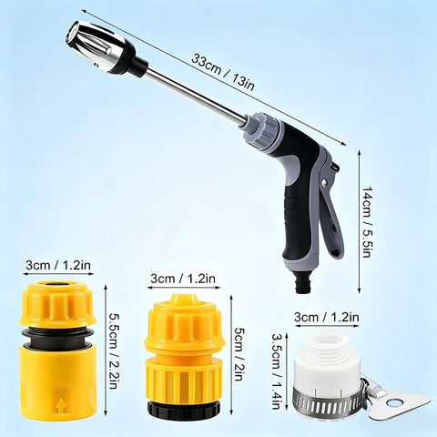 High Pressure Water Wand Attachment for Garden Hoses With 3 Spray Modes and Turbo Cleaner, product dimensions and connectors shown