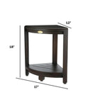 Snazzy Corner Teak Shower Shelf Three Tier Standing Bathroom Organizer for Small Spaces Teak Caddy Storage Rack shown with dimensions
