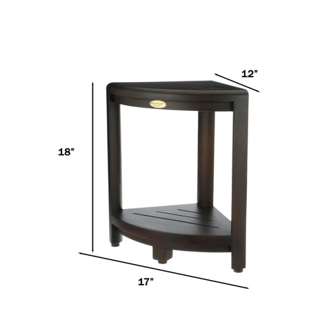 Snazzy Corner Teak Shower Shelf Three Tier Standing Bathroom Organizer for Small Spaces Teak Caddy Storage Rack shown with dimensions