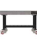 Precision Laser Cut Welding Fixture Table 60 X 36 Inches sturdy rolling workbench with smooth red casters and storage shelf.