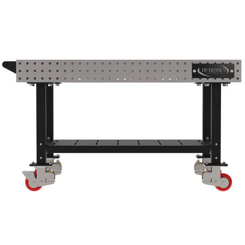 Precision Laser Cut Welding Fixture Table 60 X 36 Inches sturdy rolling workbench with smooth red casters and storage shelf.