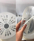 3 Pack Portable Washing Machine Spin Dryer Covers Plastic Cap Disc Screens Fit Twin Tub Mini Washers Built Tough With A Snug Seal Quick Setup For Steady Spin Cycles Reliable Replacement Parts For Compact Laundry Grind Top Shelf Durability shown in hand and machine.