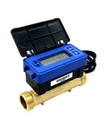 Ultra Precise Ultrasonic Water Flow Meter With RS485 And Mbus Outputs For Smart Irrigation And RV Heaters Remote Transmission Ready Plug And Play Flow Sensor For Liquid Applications DN25mm, showing front view of blue electronic display and brass pipe