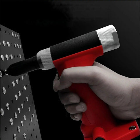 Heavy Duty Air Rivet Gun Kit For Auto Construction And Metalwork With 20mm Stroke And 2800 Kg Pulling Force Professional Pneumatic Riveting Tool In Durable Aluminum Shell Lightweight Ergonomic High Performance being used on metal