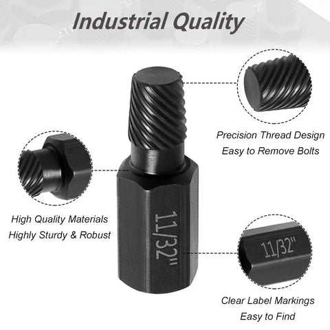 Close-up of an 11/32" heavy duty bolt extractor from the 10 Piece Bolt Extractor Kit Set For Damaged Fasteners, with a hex shank drill bit.