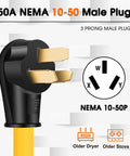 50A NEMA 10-50P Male Plug with three prongs for EV charging applications, compatible with older dryers and stoves.