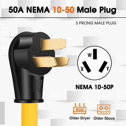 50A NEMA 10-50P Male Plug with three prongs for EV charging applications, compatible with older dryers and stoves.