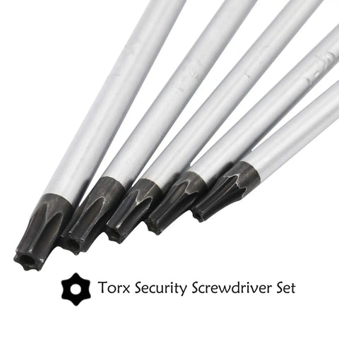 Built Dang Tough T15 T20 T25 T27 T30 Security Torx Screwdriver Set With Magnetic Star Bits For Laptop Repair Auto Jobs And Household Tasks Hella Durable Chrome Vanadium Steel Five Piece Pack, showcasing five magnetic star tips.