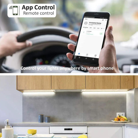 Smartphone showing app control for Under Cabinet LED Lights With Alexa And Google Home Control, 6 Bar Light Kit in kitchen setup
